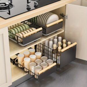 Pull Out Dish Rack with Wooden Handle and Drain Tray_0