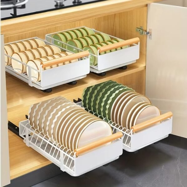 Pull Out Dish Rack with Wooden Handle and Drain Tray_1