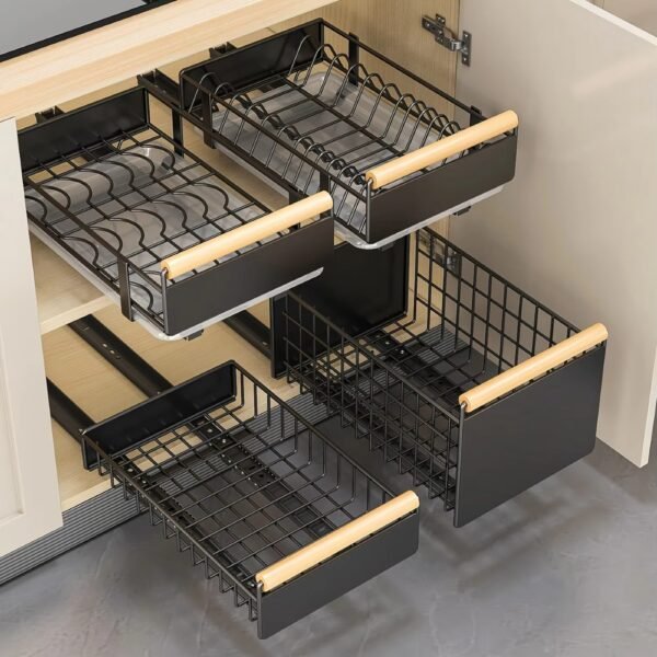 Pull Out Dish Rack with Wooden Handle and Drain Tray_3